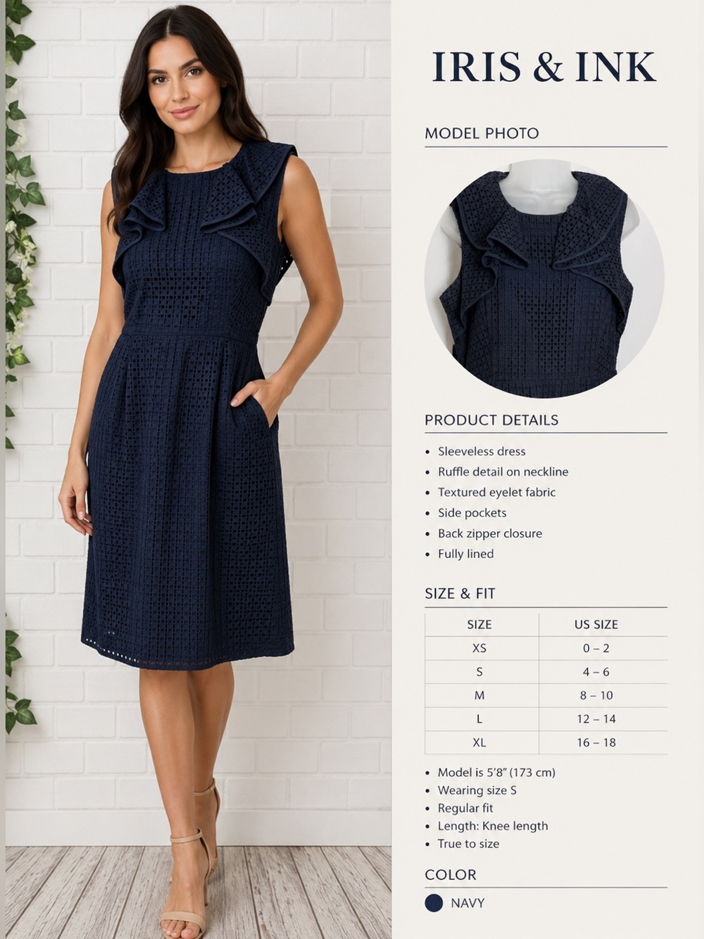 Iris & Ink Sleeveless Eyelet ruffle Navy Blue Dress 100%cotton Cottagecore/8
